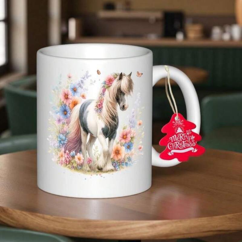 Tailorly White Ceramic 11 oz Mug - Elegant Watercolor Stallion Standing Amidst Vibrant Spring Flowers And Butterflies Horse