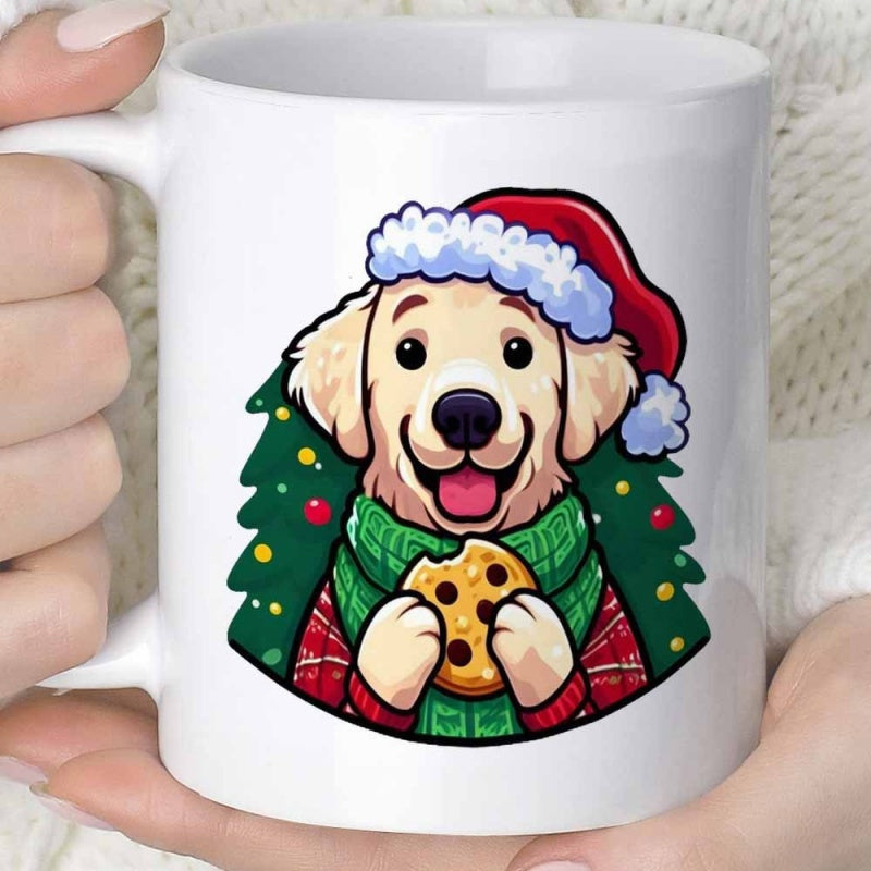 Tailorly White Ceramic 11 oz Mug - Festive Golden Retriever Wearing Red Christmas Hat Eating Chocolate Chip Cookie Dog