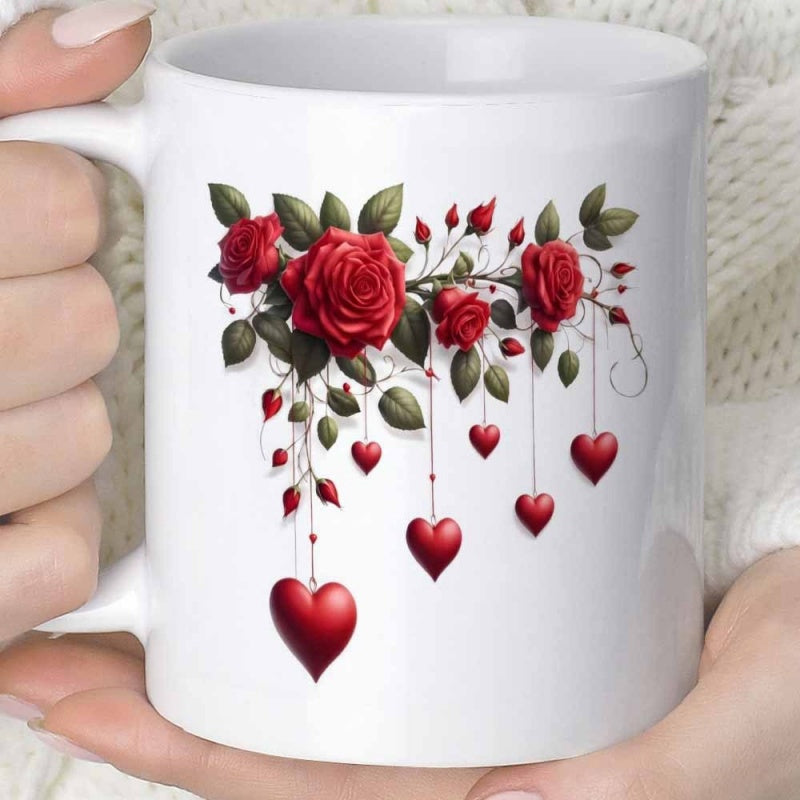 Tailorly White Ceramic 11 oz Mug - Elegant Red Blooming Garden With Delicate Hearts Hanging From Green Leaves Roses