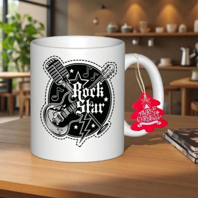 Tailorly White Ceramic 11 oz Mug - Rock Star Vintage Microphone Crossed With Electric Guitar Among Musical Notes Mug
