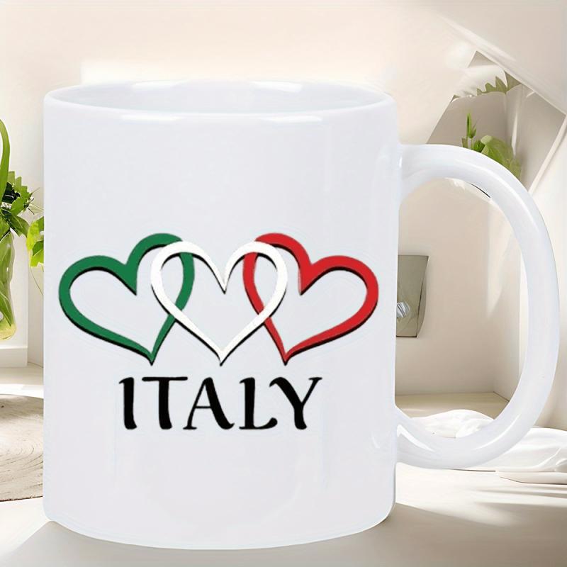 Tailorly White Ceramic 11 oz Mug - Italy Three Interlocking Hearts Decorated In Vibrant Italian Flag Colors Heart