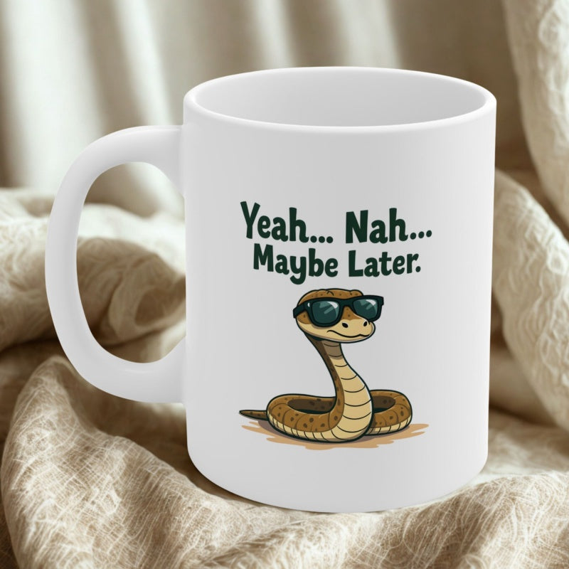 Tailorly White Ceramic 11 oz Mug - Yeah Nah Maybe Later Cool Cartoon Coiled Brown Serpent Wearing Dark Sunglasses On Sandy Ground Snake