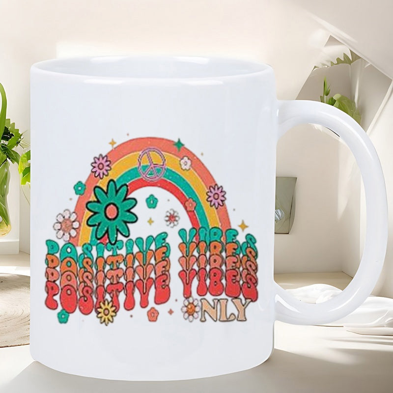 Tailorly White Ceramic 11 oz Mug - Positive Vibes Only Retro Colorful Rainbow With Peace Sign And Blooming Flowers Under Stars Rainbow