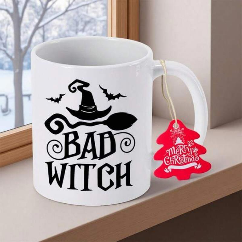 Tailorly White Ceramic 11 oz Mug - Bad Witch Witch Hat With Flying Bats And Floating Magic Broom Stick Mug
