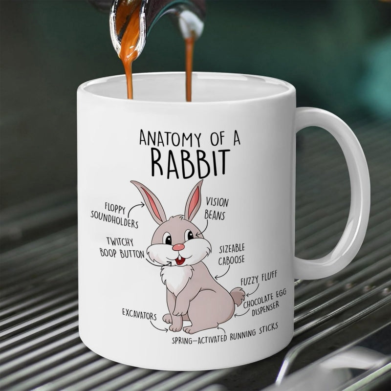 Tailorly White Ceramic 11 oz Mug - Anatomy Of A Rabbit Sitting Cute Cartoon Bunny Surrounded By Many Humorous Anatomical Label Phrases Rabbit