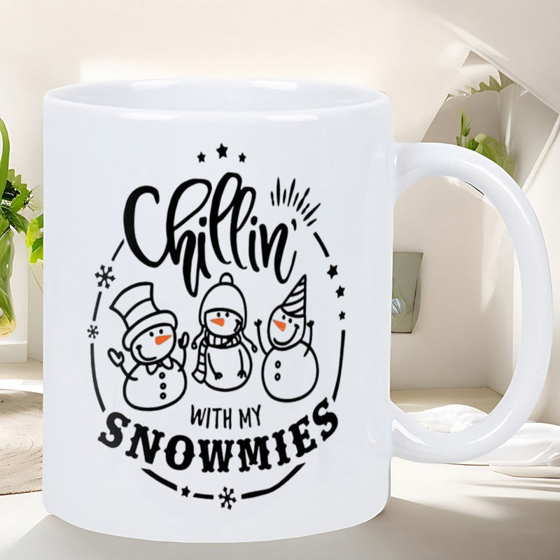Tailorly White Ceramic 11 oz Mug - Chillin With My Snowmies Three Happy Winter Characters Wearing Festive Hats Among Falling Delicate Snowflakes Snowman