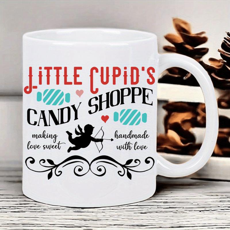 Tailorly White Ceramic 11 oz Mug - Little Cupids Candy Shoppe Making Love Sweet Handmade With Love Vintage Silhouette Featuring Archer Cupid Flying Among Sweet