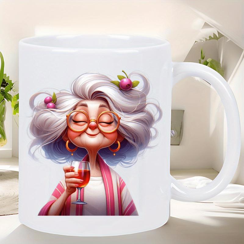 Tailorly White Ceramic 11 oz Mug - Whimsical Elderly Woman With White Hair Holding A Glass Of Red Wine Lady