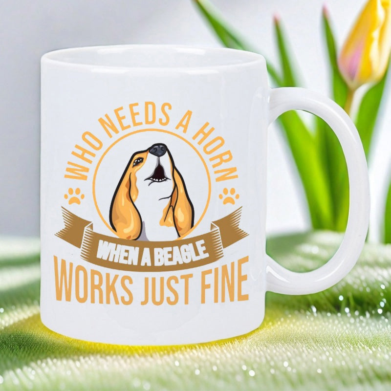 Tailorly White Ceramic 11 oz Mug - Who Needs A Horn When A Beagle Works Just Fine Artistic Illustration Showcasing A Howling Dog Within A Decorative Circular Badge
