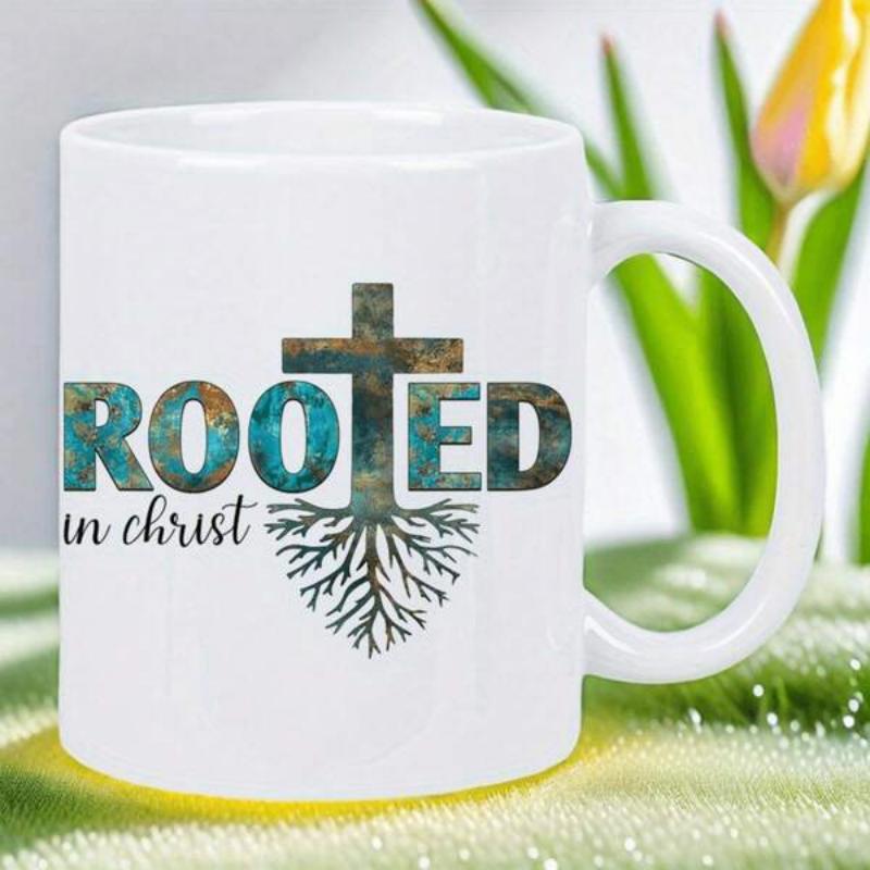 Tailorly White Ceramic 11 oz Mug - Rooted In Christ Spiritual Design Featuring Weathered Turquoise Texture With Deep Tangled Earthy Roots Cross