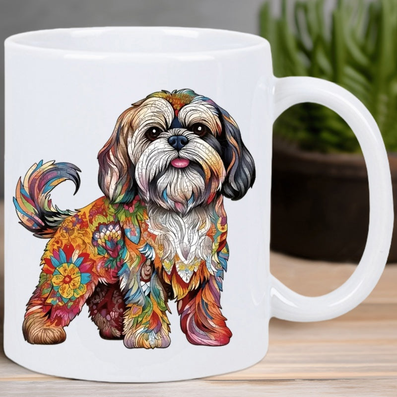 Tailorly White Ceramic 11 oz Mug - Artistic Vibrant Fur With Colorful Floral Mandala Patterns Across Sitting Dog