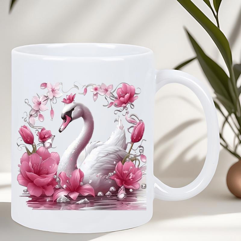 Tailorly White Ceramic 11 oz Mug - Elegant White Swan Swimming Among Beautiful Pink Flowers And Rippling Water Swan