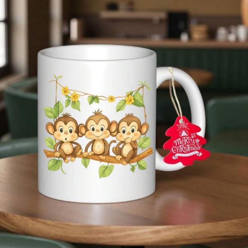 Tailorly White Ceramic 11 oz Mug - Merry Christmas Three Cute Small Cartoon Animals Sitting On Jungle Branch Among Vines Monkey