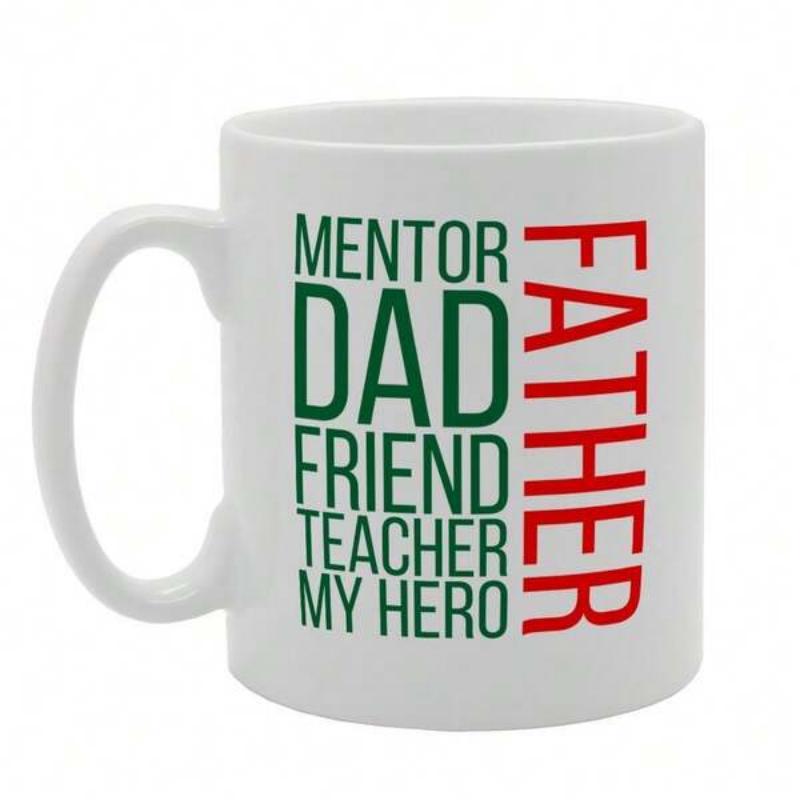 Tailorly White Ceramic 11 oz Mug - Mentor Dad Friend Teacher My Hero Father Minimalist Vertical Block Lettering Design In Red And Green Colors Typographic Sign