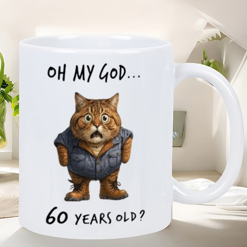 Tailorly White Ceramic 11 oz Mug - Oh My God 60 Years Old Shocked Fat Tabby Wearing Denim Jacket And Rugged Brown Boots Cat