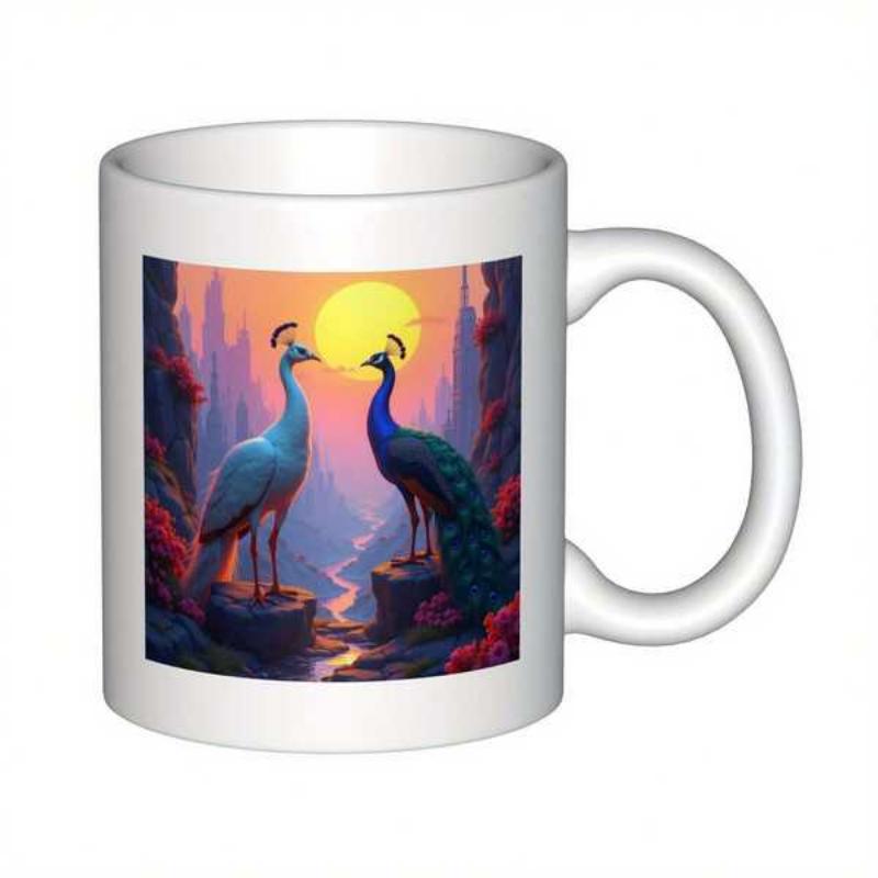 Tailorly White Ceramic 11 oz Mug - Graceful Vibrant Birds Perched On Rocks Facing Sunset Over River Valley Peacock