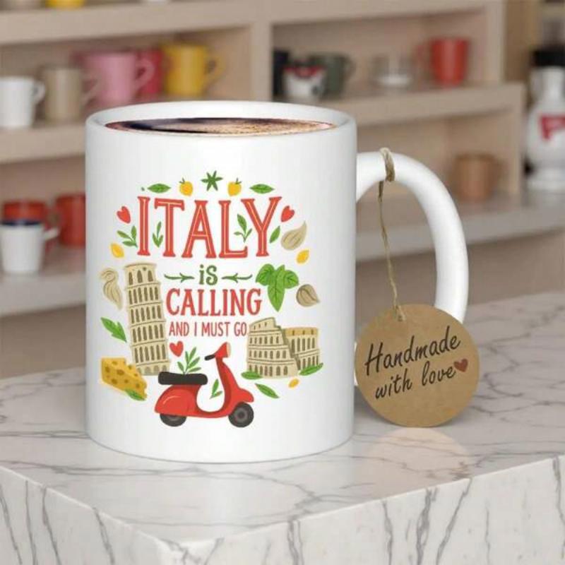 Tailorly White Ceramic 11 oz Mug - Italy Is Calling And I Must Go Vibrant Red Scooter Parked Beside Iconic Landmarks Among Green Foliage Scooter