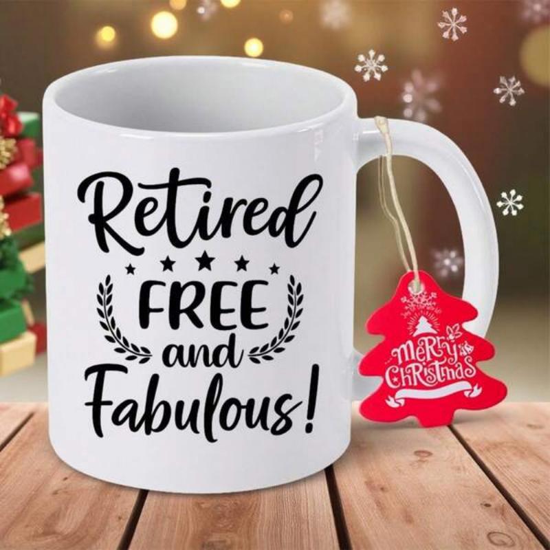 Tailorly White Ceramic 11 oz Mug - Retired Free And Fabulous Decorative Laurel Branches With Small Stars Around Elegant Script Typography Mug
