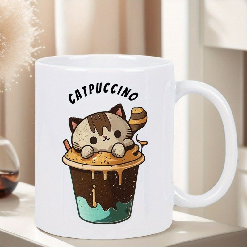 Tailorly White Ceramic 11 oz Mug - Catpuccino Adorable Cartoon Kitten Nestled Inside A Steaming Sweet Coffee Drink Cat
