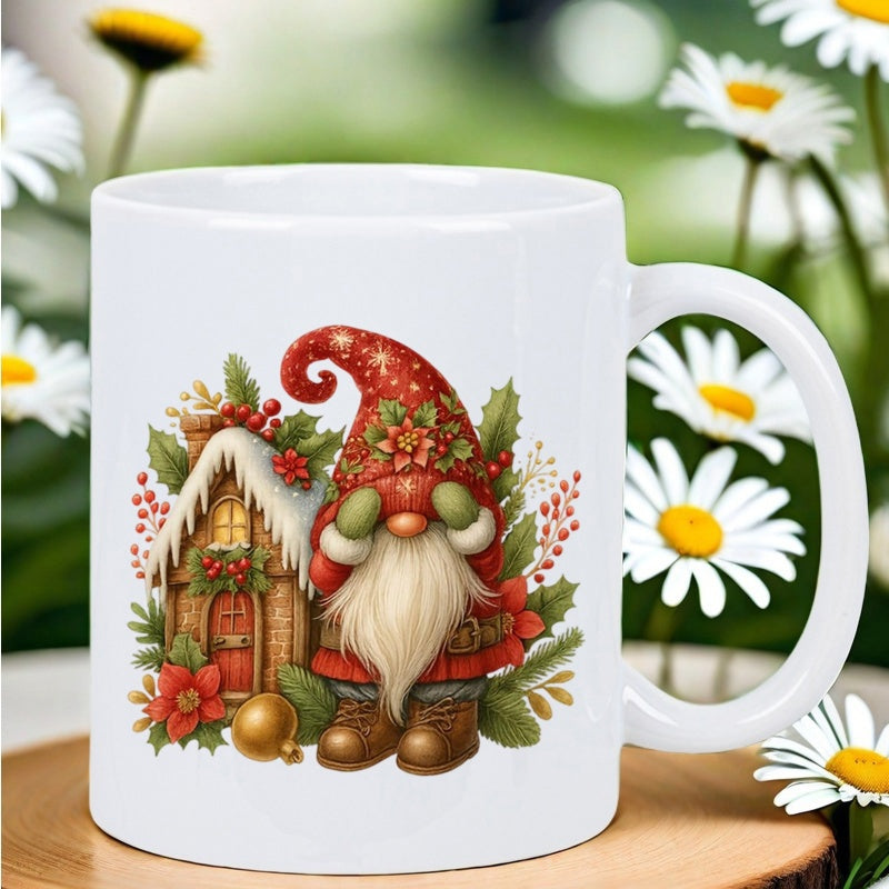 Tailorly White Ceramic 11 oz Mug - Festive Christmas Gnome Beside Snowy Cottage With Holly Berries Gnome