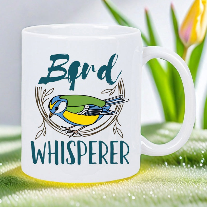 Tailorly White Ceramic 11 oz Mug - Bird Whisperer Colorful Little Songbird Resting Within Artistic Circular Vine Branch Frame Bird