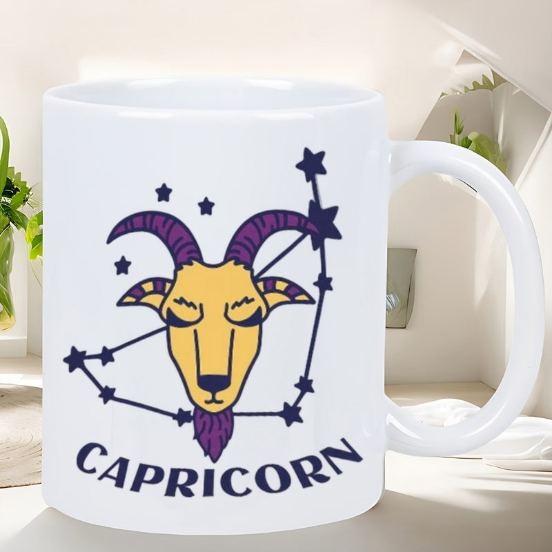 Tailorly White Ceramic 11 oz Mug - Capricorn Stylized Golden Head With Purple Horns Among A Starry Zodiac Constellation Goat