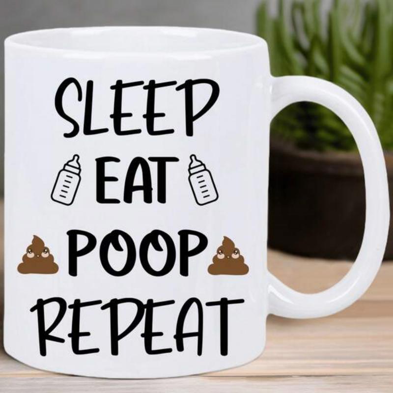 Tailorly White Ceramic 11 oz Mug - Sleep Eat Poop Repeat Simple Minimalist Baby Theme Featuring Nursery Bottles And Smiling Heart Eye Poop Mug