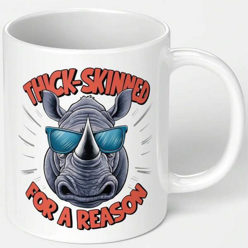 Tailorly White Ceramic 11 oz Mug - Thick Skinned For A Reason Cool Rhinoceros Wearing Trendy Blue Sunglasses Surrounded By Artistic Radial Speed Lines Rhino