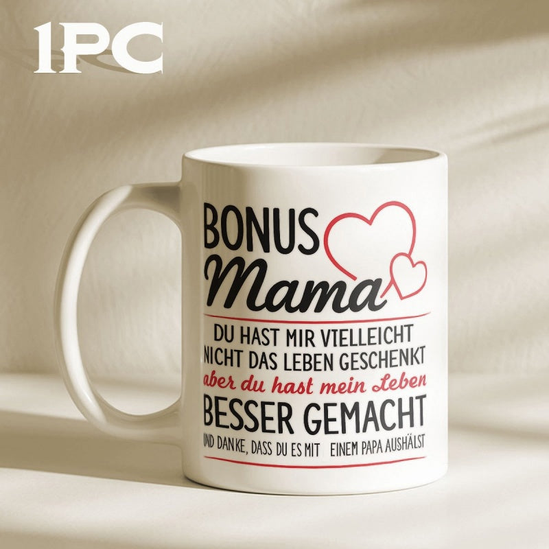 Tailorly White Ceramic 11 oz Mug - Bonus Mama Elegant Red Outlined Hearts With Sentimental Message For A Loving Mother Heart