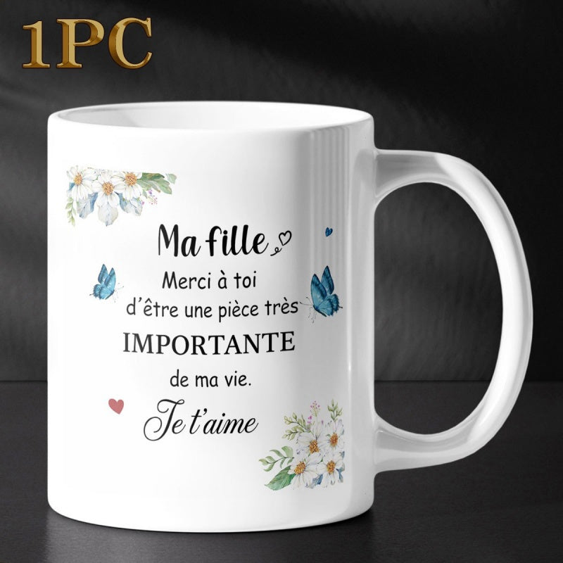 Tailorly White Ceramic 11 oz Mug - Delicate Watercolor Flowers With Elegant Blue Butterflies Surrounding Sweet Heart Mug