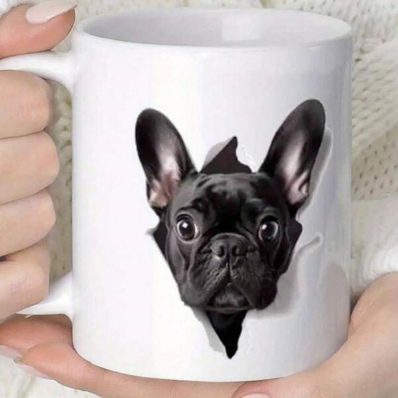 Tailorly White Ceramic 11 oz Mug - Cute Black French Bulldog Peeking From Within A Torn White Paper Bulldog