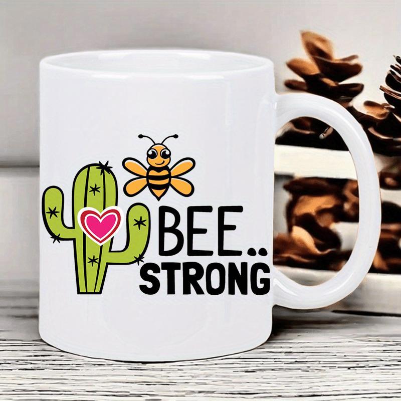 Tailorly White Ceramic 11 oz Mug - Bee Strong Smiling Honey Bee Flying Near Green Desert Cactus With Pink Heart Cactus