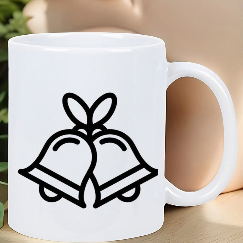 Tailorly White Ceramic 11 oz Mug - Minimalist Black Outline Style Christmas Bells With A Simple Top Bow Bell