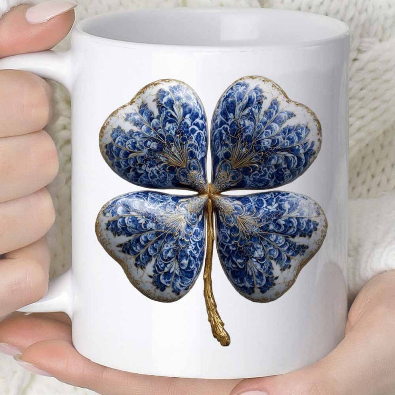 Tailorly White Ceramic 11 oz Mug - Blue Porcelain Pattern With Delicate Golden Stem Shining Clover
