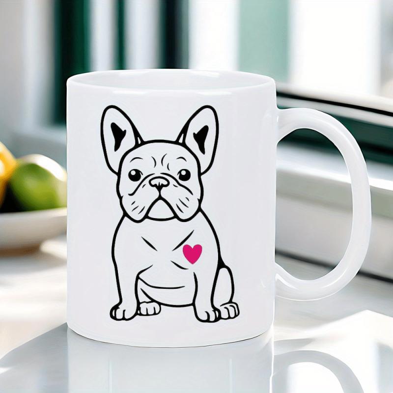 Tailorly White Ceramic 11 oz Mug - Minimalist Black Line Art Featuring A Sweet Small Pink Heart French Bulldog