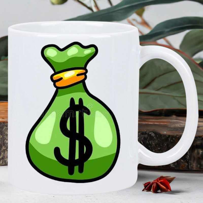 Tailorly White Ceramic 11 oz Mug - Vibrant Green Cartoon Style Pouch Tied With Golden Ribbon Dollar Symbol Bag