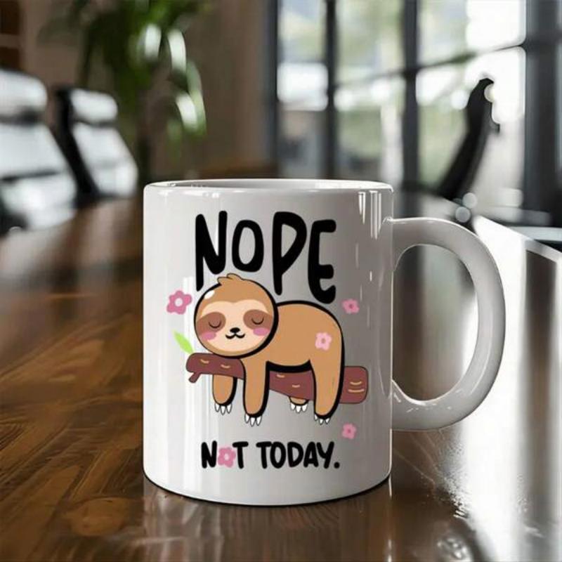 Tailorly White Ceramic 11 oz Mug - Nope Not Today Cute Cartoon Creature Resting On A Tree Branch With Flowers Sloth