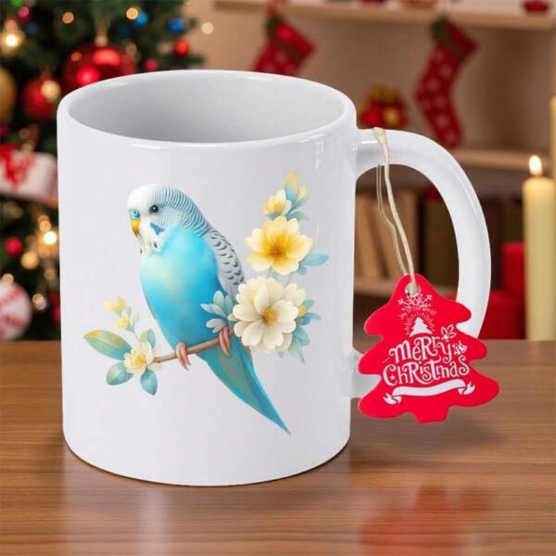 Tailorly White Ceramic 11 oz Mug - Merry Christmas Vibrant Blue Parakeet Perching Among Yellow Flowers On Branch Parakeet