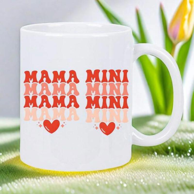 Tailorly White Ceramic 11 oz Mug - Mama Mini Colorful Retro Gradient Groovy Script With Floating Small Red Decorative Hearts Heart
