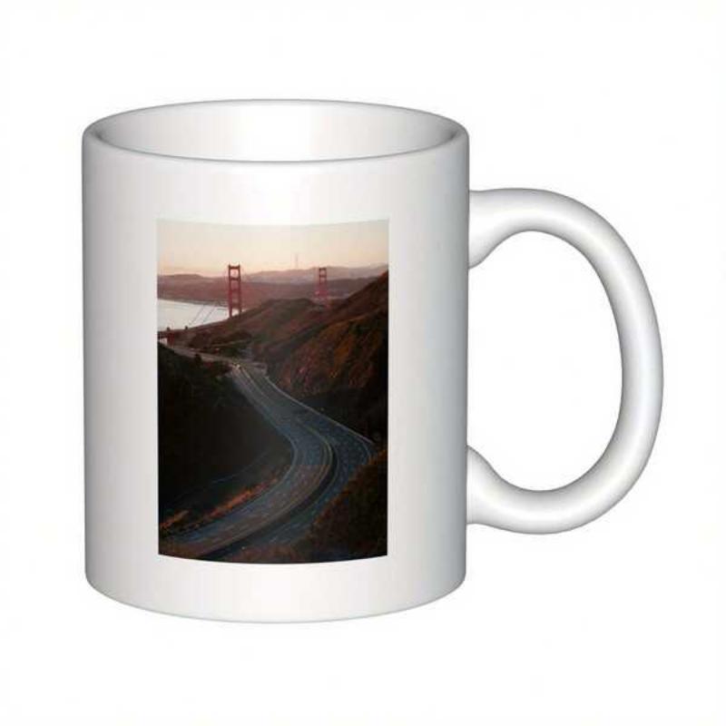 Tailorly White Ceramic 11 oz Mug - Winding Road Curving Through Coastal Mountains Toward A Golden Sunset Bridge