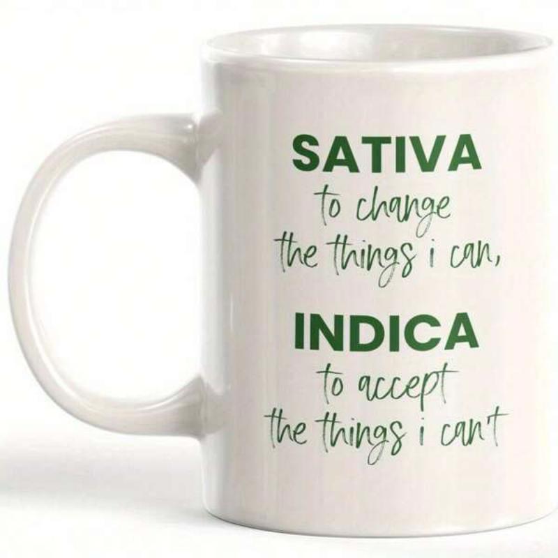 Tailorly White Ceramic 11 oz Mug - Sativa To Change The Things I Can Indica To Accept The Things I Cant Minimalist White Ceramic Vessel With Bold Green Botanical