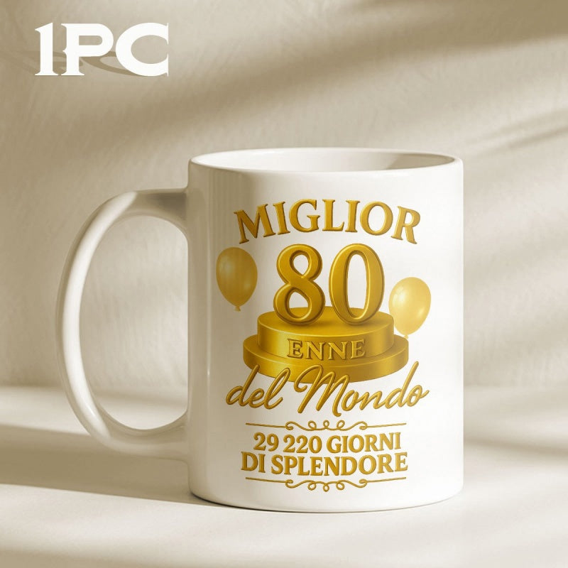 Tailorly White Ceramic 11 oz Mug - Elegant Golden Number Eighty On Podium With Floating Balloons Celebrating Milestone Design