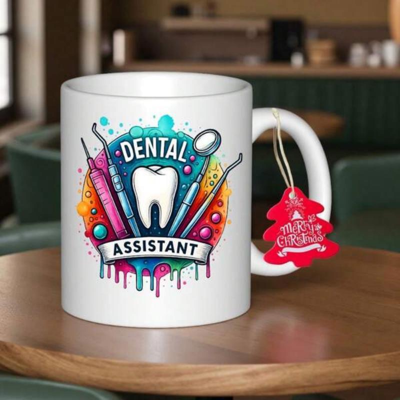 Tailorly White Ceramic 11 oz Mug - Dental Assistant Colorful Paint Drips With Professional Tools Surrounding A Central White Tooth Mug