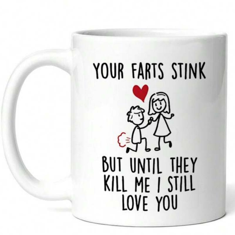 Tailorly White Ceramic 11 oz Mug - Your Farts Stink But Until They Kill Me I Still Love You Funny Stick Figure Man Kneeling With A Red Heart Near Stick Woman