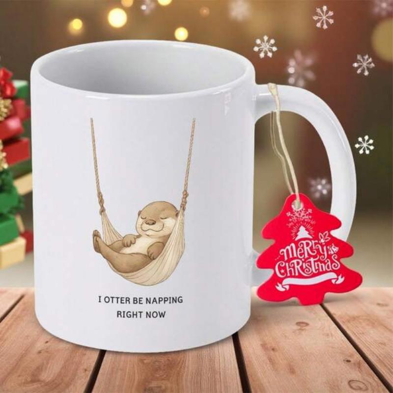 Tailorly White Ceramic 11 oz Mug - I Otter Be Napping Right Now Cute Sleeping Animal In A Swinging Hammock Suspended In Air Otter