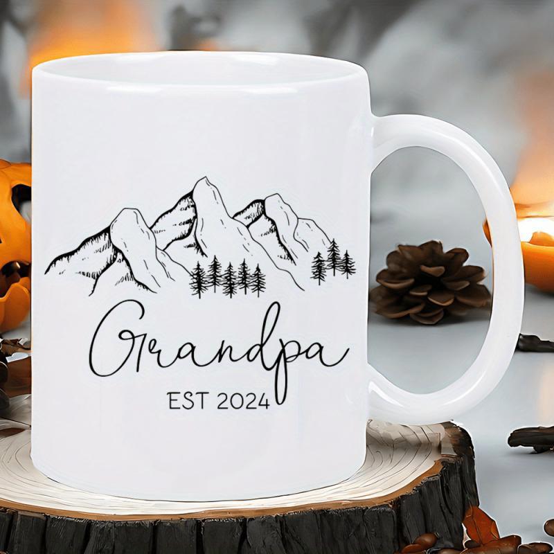 Tailorly White Ceramic 11 oz Mug - Grandpa Est 2024 Hand Drawn Mountain Peaks With Pine Trees Standing In Front Of Forest Mountain