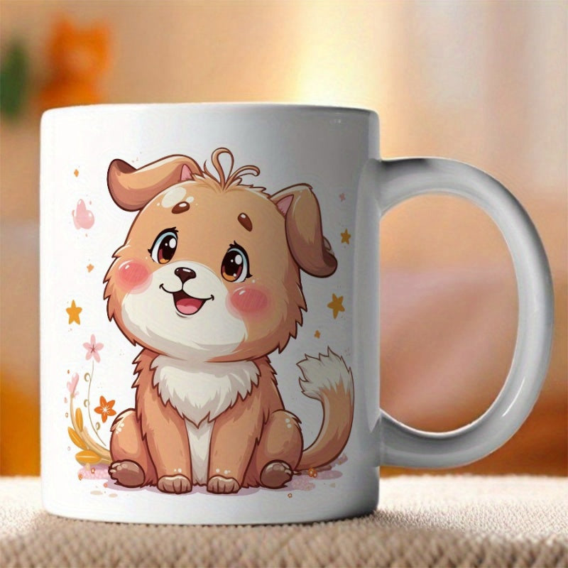 Tailorly White Ceramic 11 oz Mug - Adorable Cartoon Sitting Peacefully Among Twinkling Stars And Tiny Flowers Puppy