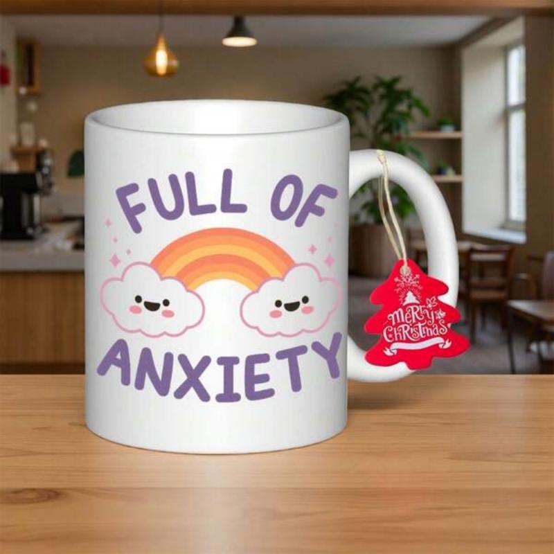 Tailorly White Ceramic 11 oz Mug - Full Of Anxiety Colorful Rainbow Between Two Smiling Cartoon Clouds With Pink Star Accents Mug