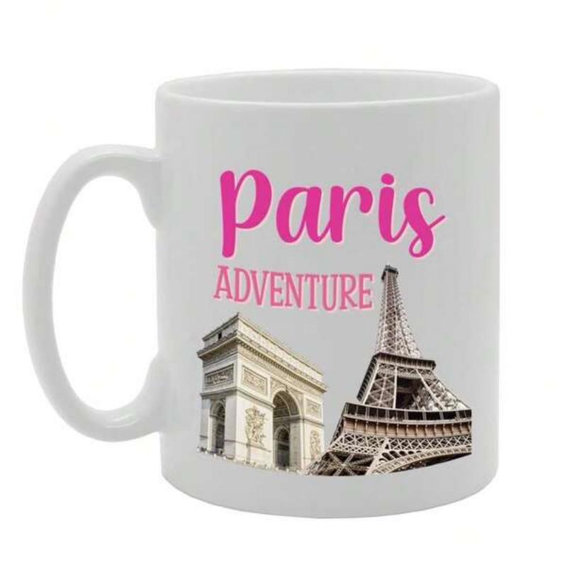 Tailorly White Ceramic 11 oz Mug - Paris Adventure Famous Landmarks Of France Displayed Under Vibrant Pink Script Letters Mug