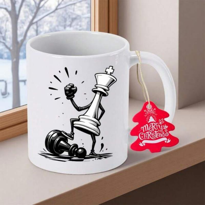 Tailorly White Ceramic 11 oz Mug - Merry Christmas Triumphant Cartoon King Character Standing Victorious Over Fallen Opponent King